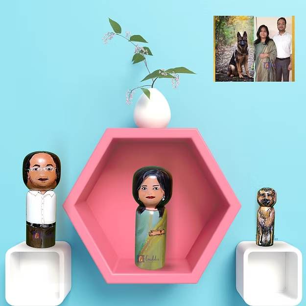 Set of 3 personalized wood dolls hand-painted to look like a mom, dad, and baby from a custom family photo