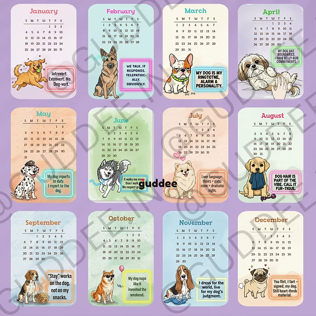 Dog Desk Calendar 2026 – Illustrated Monthly Quote Cards with Quirky Neon-Sign