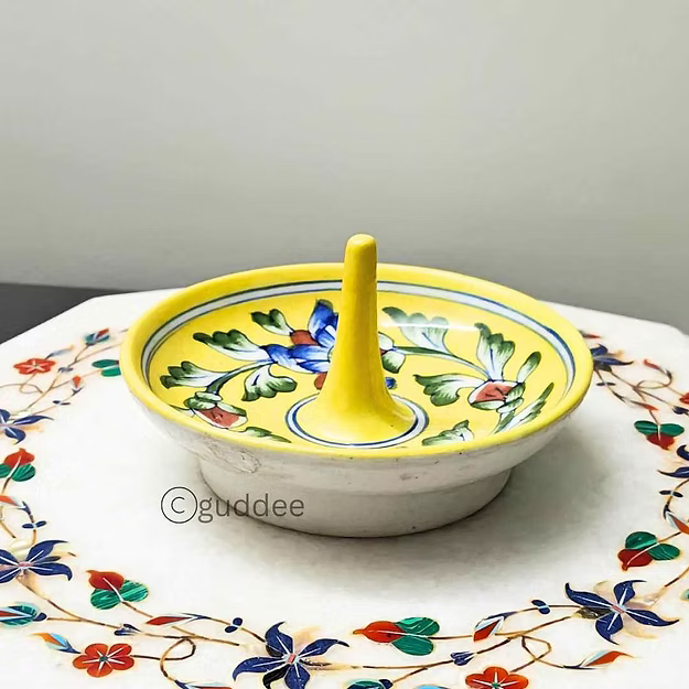 Yellow Blue pottery jewelry ring holder