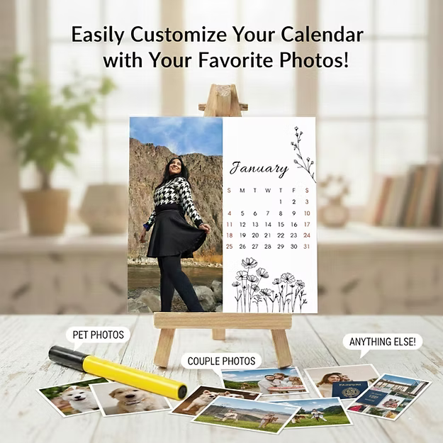 Personalised 12-Photo Magnetic Desk Calendar 2026 – Floral