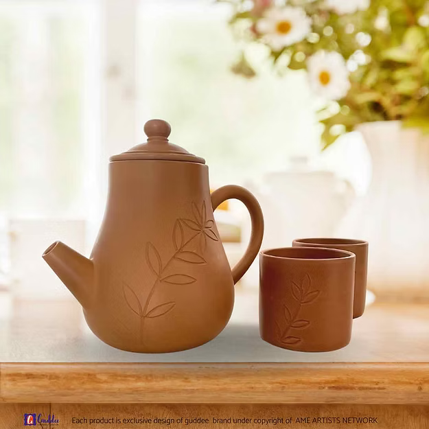 Set of Floral carved Terracotta Jar and 2 kullad