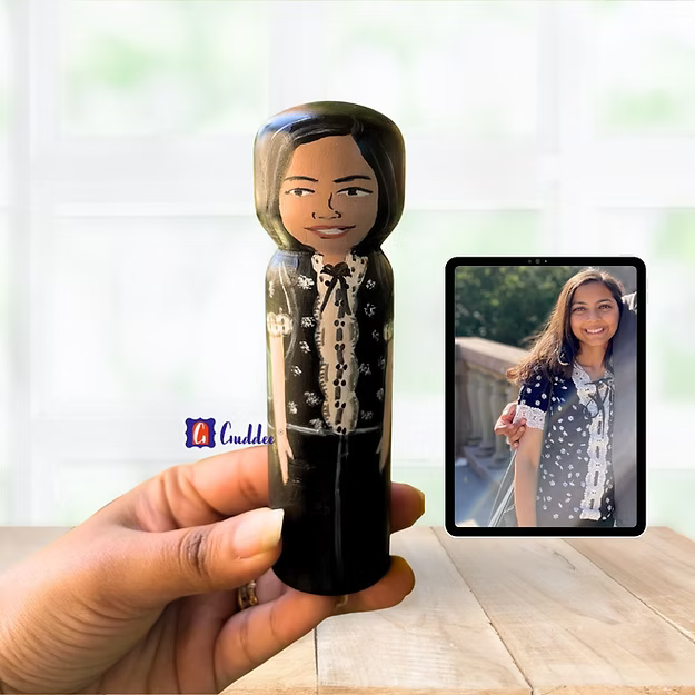 Medium personalized female caricature doll handcrafted to match a girlfriend, wife, or sister's photo portrait.