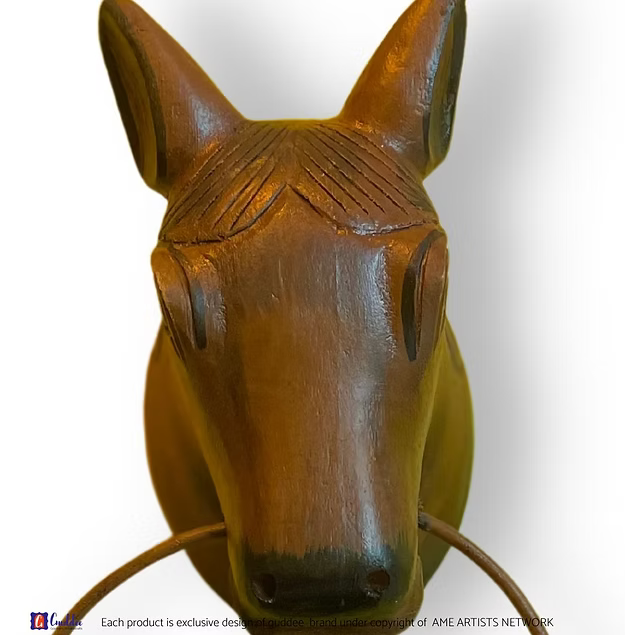 Close-up of the natural premium hardwood grain textures and secure metal hook mount joints on a carved horse wall accent.