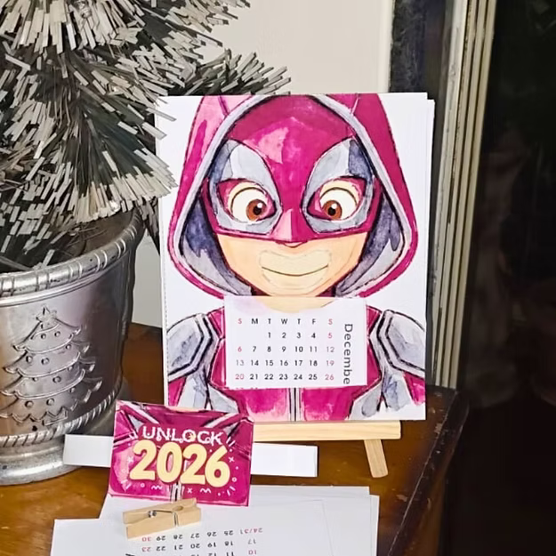 Red Mask Buddy –Deadpool Inspired Illustrated Desk Calendar 2026
