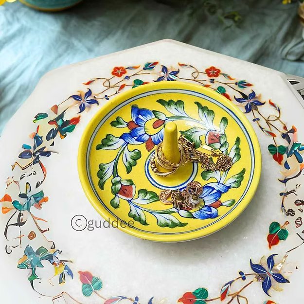 Yellow Blue pottery jewelry ring holder