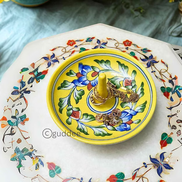 Yellow Blue pottery jewelry ring holder