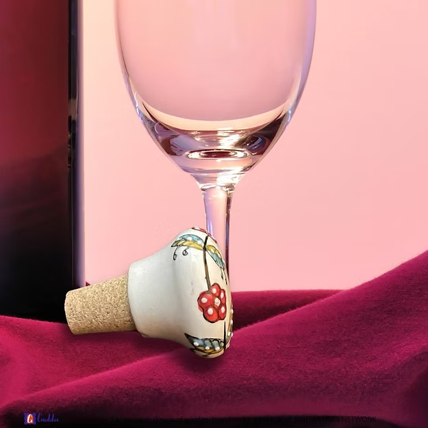 White Garden wine cork showing the vibrant hand-painted blue pottery circular floral details by Guddee.