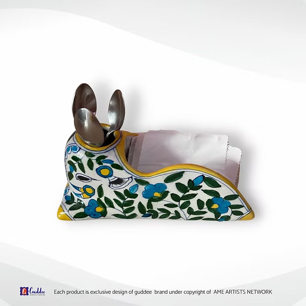 Fun Bright blue pottery tissue paper spoon holder dining decor showing the vibrant hand-painted floral motifs by Guddee.