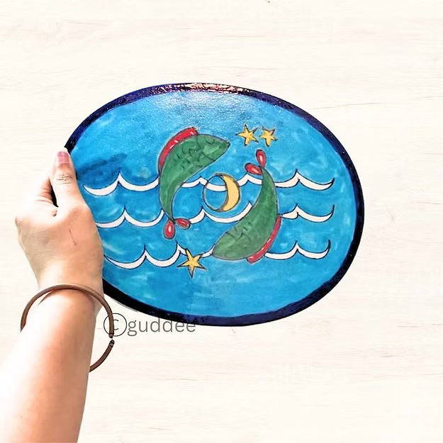 Fish and sea design handcrafted blue pottery table decor mat