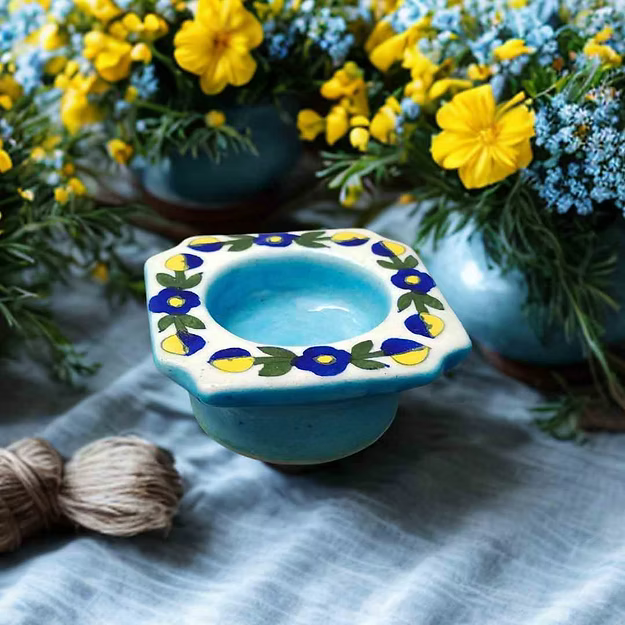 Light Blue Handcrafted blue pottery Floral Mini Tea light holder