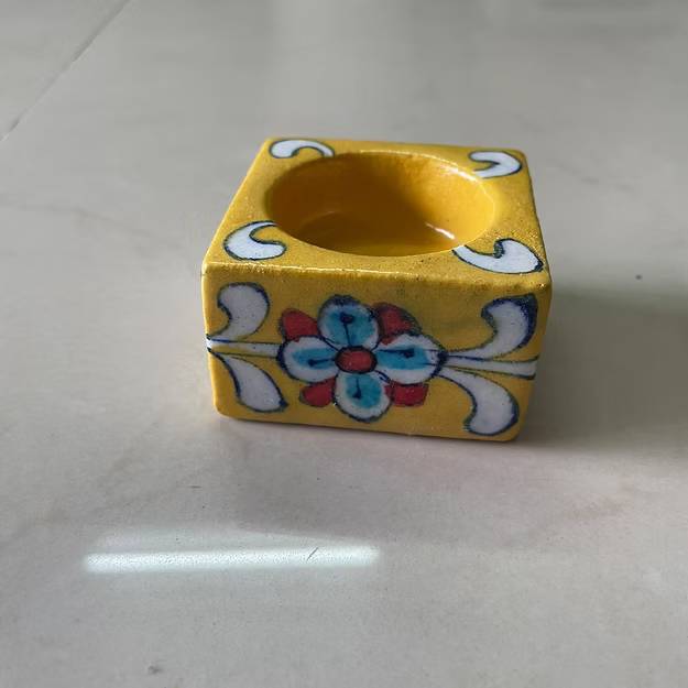 Mango yellow color Square Floral design blue pottery tea light holder