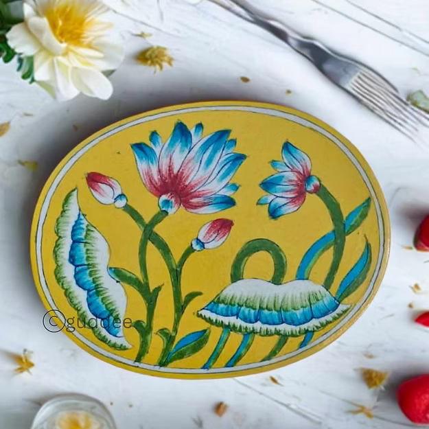 Lotus yellow handcrafted blue pottery table decor mat