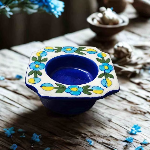 Dark blue handcrafted Jaipur blue pottery mini tea light holder featuring hand-painted floral artwork.