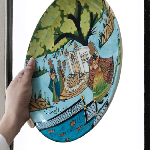Village life hand painted blue pottery Wall Plate
