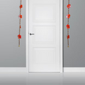 Symmetrical vertical synthetic leather hibiscus hanging panels styled beautifully on either side of a modern living room corridor.