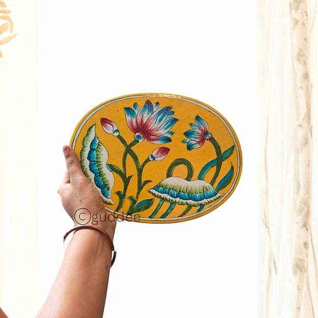 Lotus yellow handcrafted blue pottery table decor mat