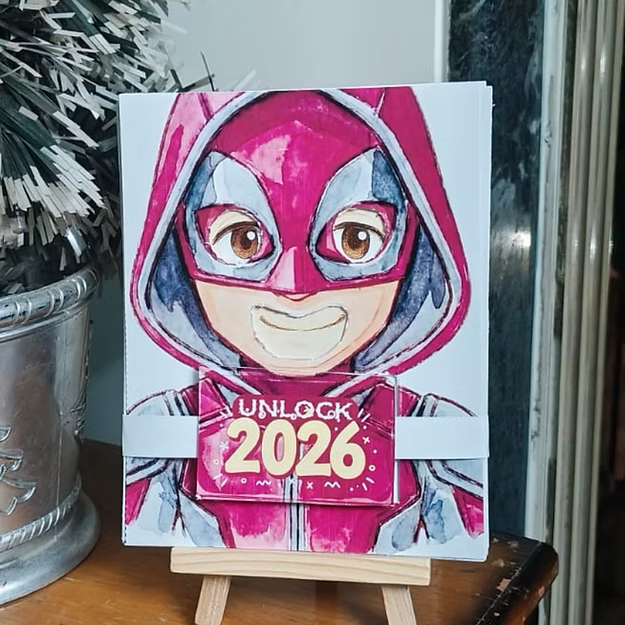 Red Mask Buddy –Deadpool Inspired Illustrated Desk Calendar 2026