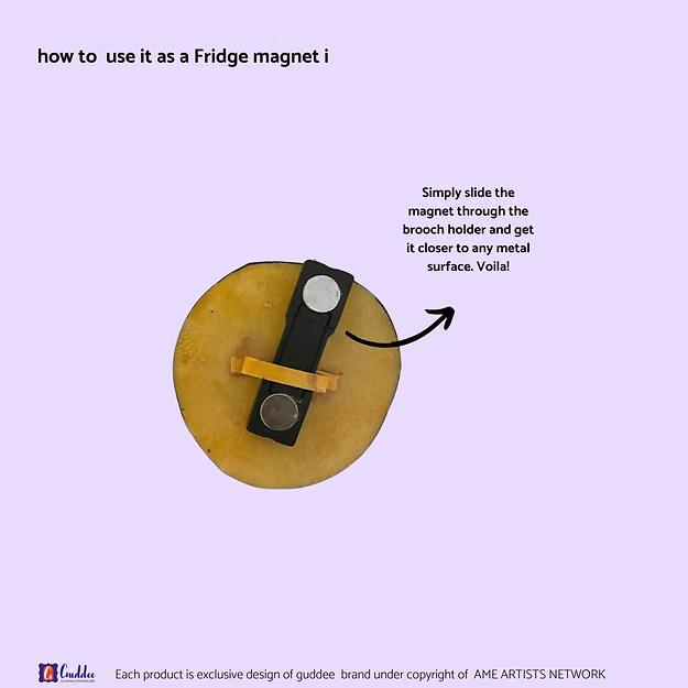 Fridge magnet with instructions on how to use it, set against a light purple background.