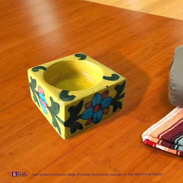 Yellow Square Floral design pottery tea light holder