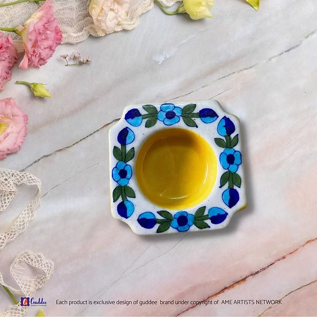 Yellow Handcrafted blue pottery Floral Mini Tea light holder