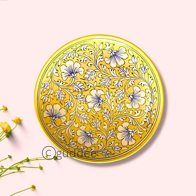 Yellow Handcrafted Blue pottery Wall plates cum Fruit plate