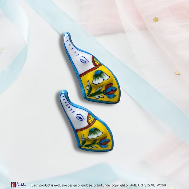 Yellow Blue elephant traditional fridge magnet showcasing the hand-painted folk art patterns and details by Guddee.