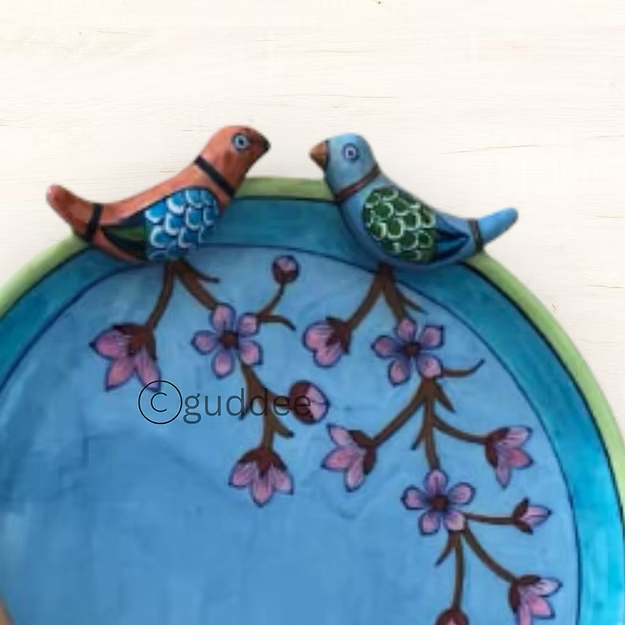2 Bird cherry blossom blue pottery Wall Plate