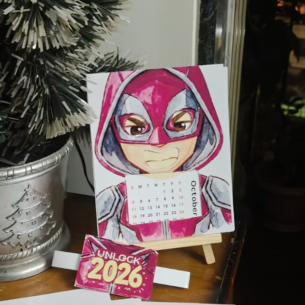Red Mask Buddy –Deadpool Inspired Illustrated Desk Calendar 2026