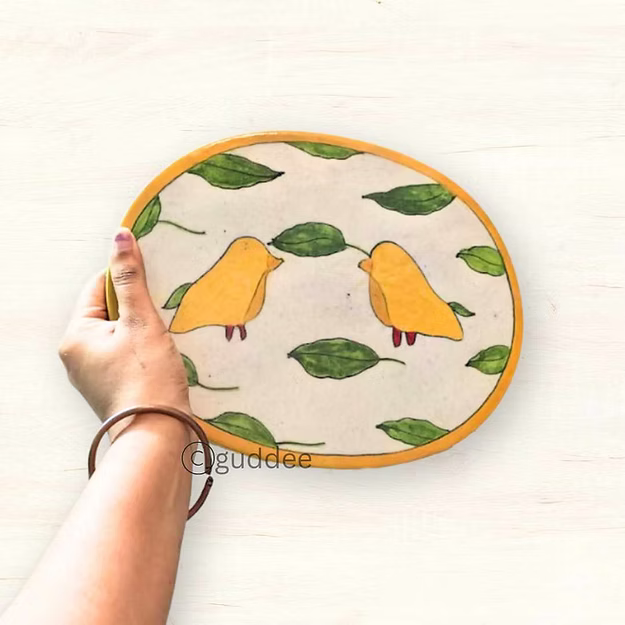 Bird motif handcrafted blue pottery table decor mat