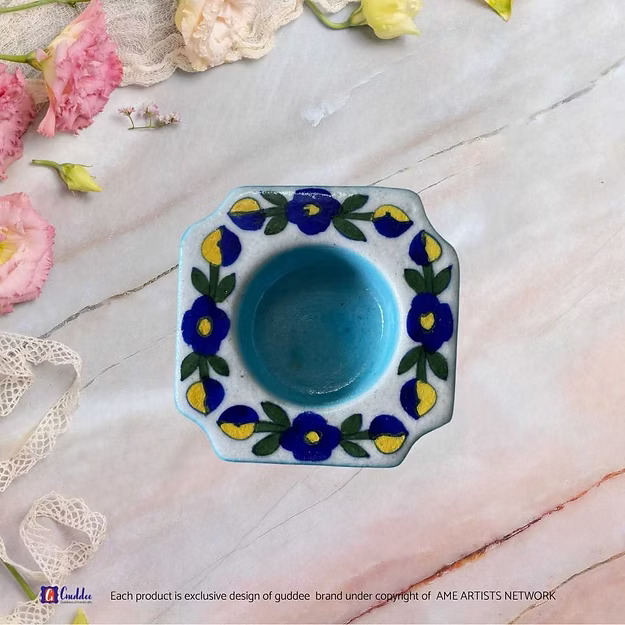 Light Blue Handcrafted blue pottery Floral Mini Tea light holder