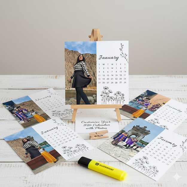 Personalised 12-Photo Magnetic Desk Calendar 2026 – Floral