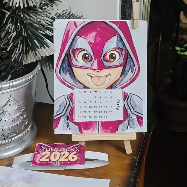 Red Mask Buddy –Deadpool Inspired Illustrated Desk Calendar 2026