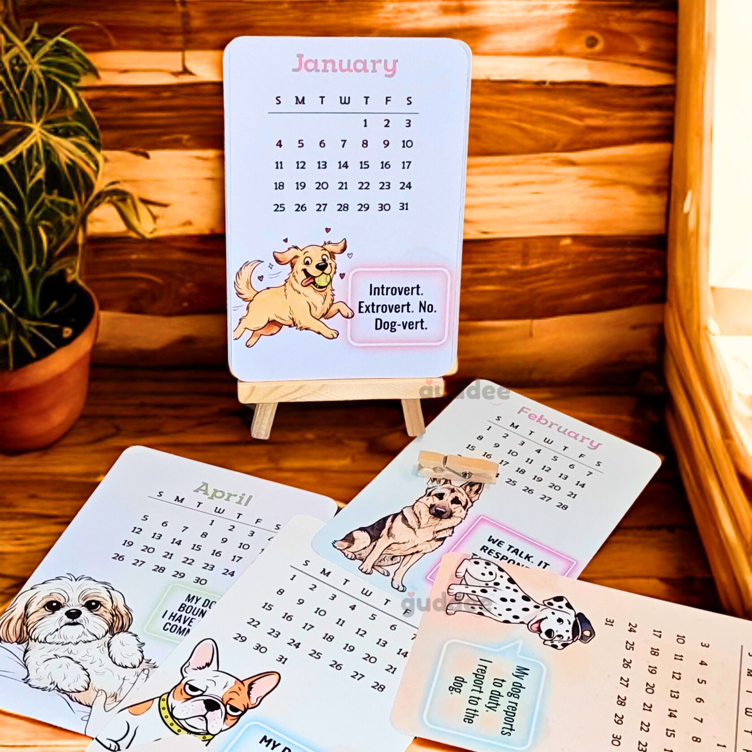Dog Desk Calendar 2026 – Illustrated Monthly Quote Cards with Quirky Neon-Sign
